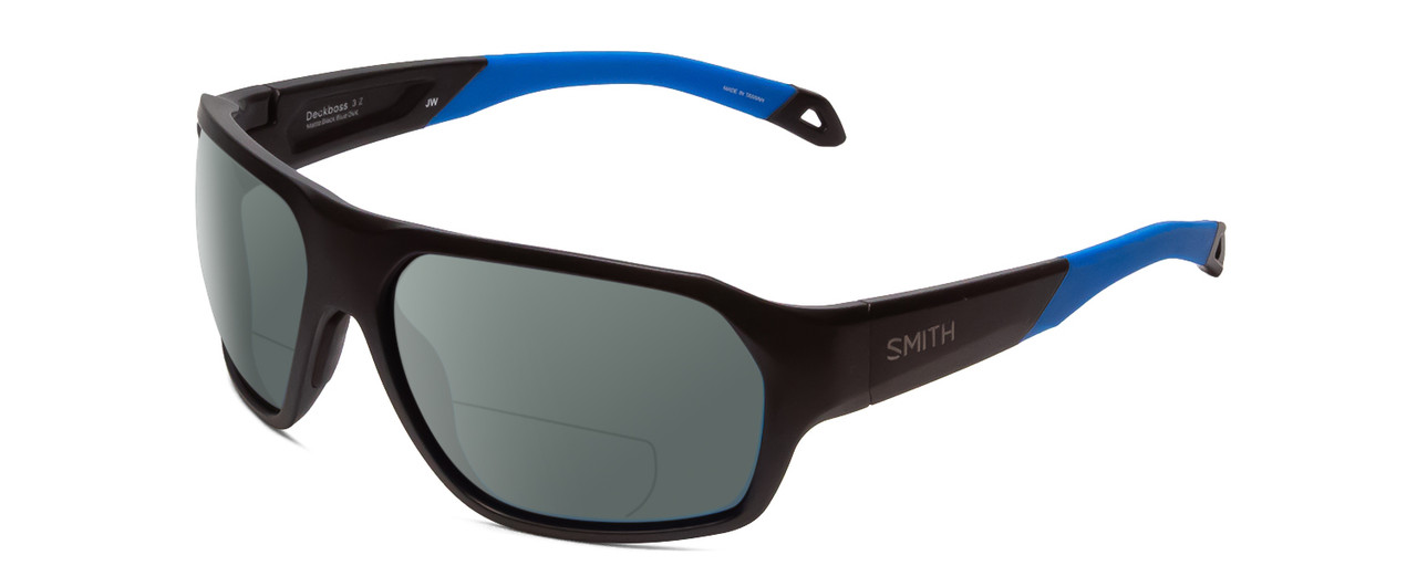 Profile View of Smith Optics Deckboss Designer Polarized Reading Sunglasses with Custom Cut Powered Smoke Grey Lenses in Matte Black Blue Unisex Rectangle Full Rim Acetate 63 mm