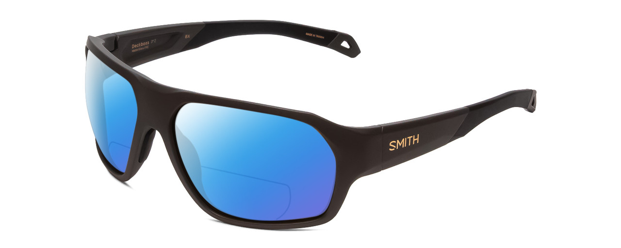 Profile View of Smith Optics Deckboss Designer Polarized Reading Sunglasses with Custom Cut Powered Blue Mirror Lenses in Matte Gravy Grey Unisex Rectangle Full Rim Acetate 63 mm