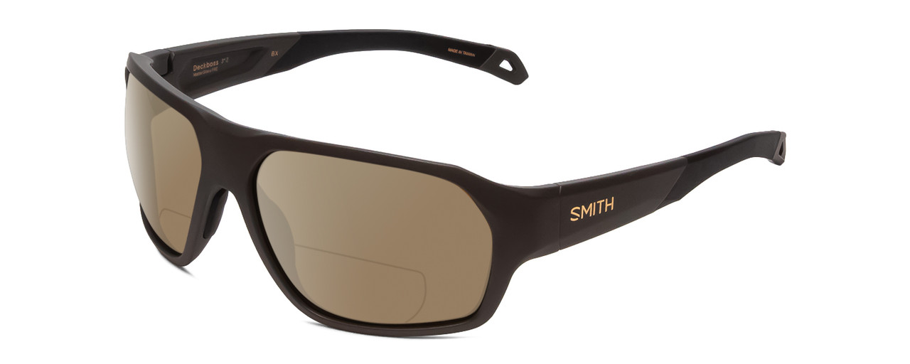 Profile View of Smith Optics Deckboss Designer Polarized Reading Sunglasses with Custom Cut Powered Amber Brown Lenses in Matte Gravy Grey Unisex Rectangle Full Rim Acetate 63 mm