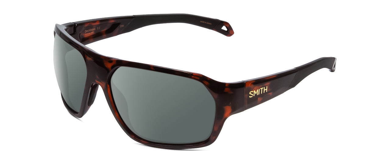 Profile View of Smith Optics Deckboss Designer Polarized Sunglasses with Custom Cut Smoke Grey Lenses in Tortoise Havana Brown Gold Unisex Rectangle Full Rim Acetate 63 mm