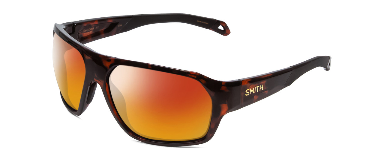 Profile View of Smith Optics Deckboss Designer Polarized Sunglasses with Custom Cut Red Mirror Lenses in Tortoise Havana Brown Gold Unisex Rectangle Full Rim Acetate 63 mm