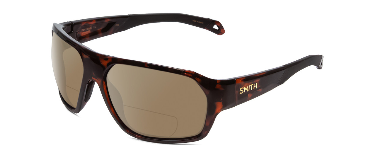 Profile View of Smith Optics Deckboss Designer Polarized Reading Sunglasses with Custom Cut Powered Amber Brown Lenses in Tortoise Havana Brown Gold Unisex Rectangle Full Rim Acetate 63 mm