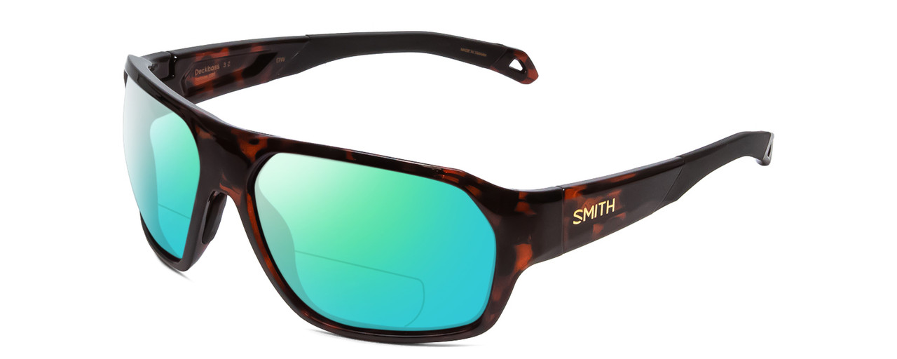 Profile View of Smith Optics Deckboss Designer Polarized Reading Sunglasses with Custom Cut Powered Green Mirror Lenses in Tortoise Havana Brown Gold Unisex Rectangle Full Rim Acetate 63 mm