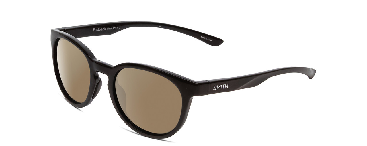 Profile View of Smith Optics Eastbank Designer Polarized Sunglasses with Custom Cut Amber Brown Lenses in Gloss Black Unisex Round Full Rim Acetate 52 mm