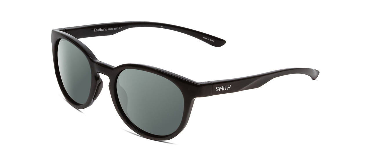 Profile View of Smith Optics Eastbank Designer Polarized Sunglasses with Custom Cut Smoke Grey Lenses in Gloss Black Unisex Round Full Rim Acetate 52 mm