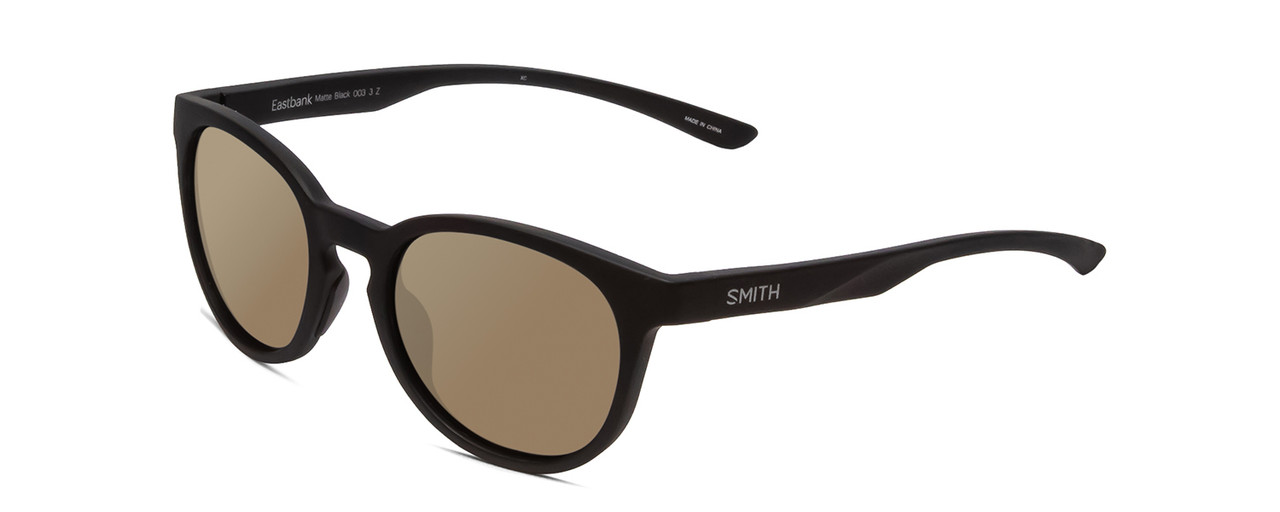 Profile View of Smith Optics Eastbank Designer Polarized Sunglasses with Custom Cut Amber Brown Lenses in Matte Black Unisex Round Full Rim Acetate 52 mm