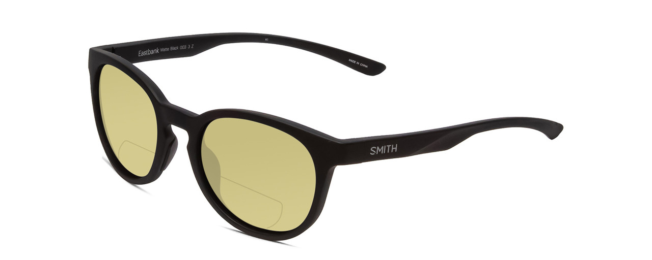 Profile View of Smith Optics Eastbank Designer Polarized Reading Sunglasses with Custom Cut Powered Sun Flower Yellow Lenses in Matte Black Unisex Round Full Rim Acetate 52 mm