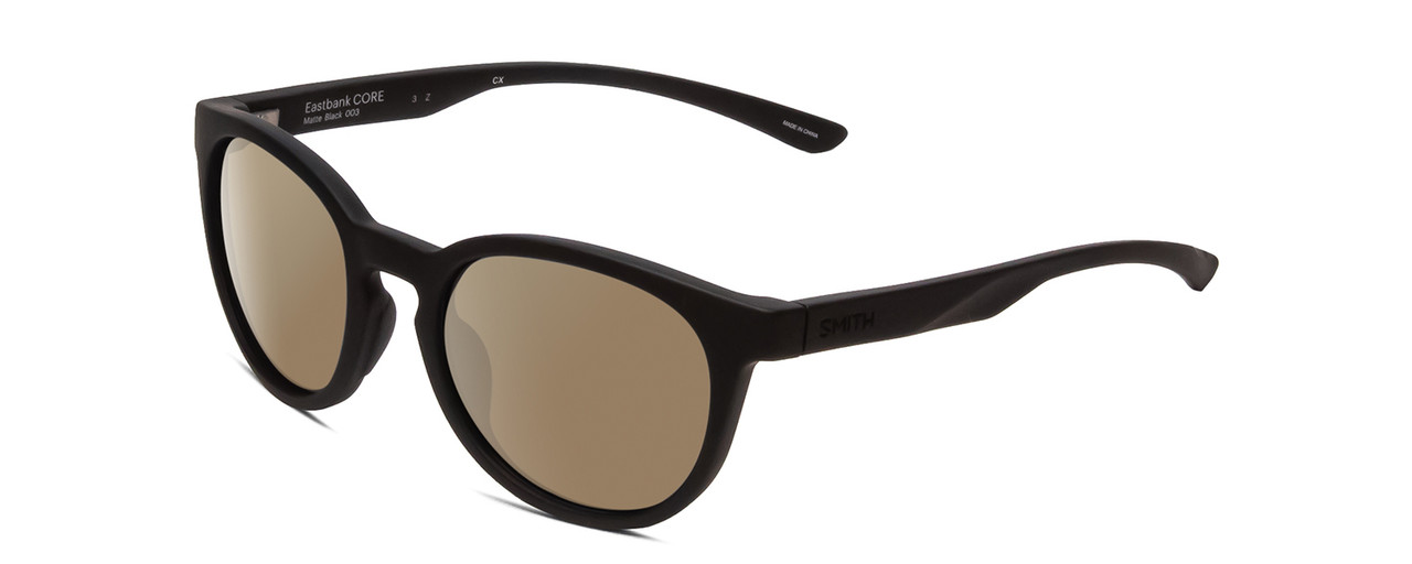 Profile View of Smith Optics Eastbank Core Designer Polarized Sunglasses with Custom Cut Amber Brown Lenses in Matte Black Unisex Round Full Rim Acetate 52 mm