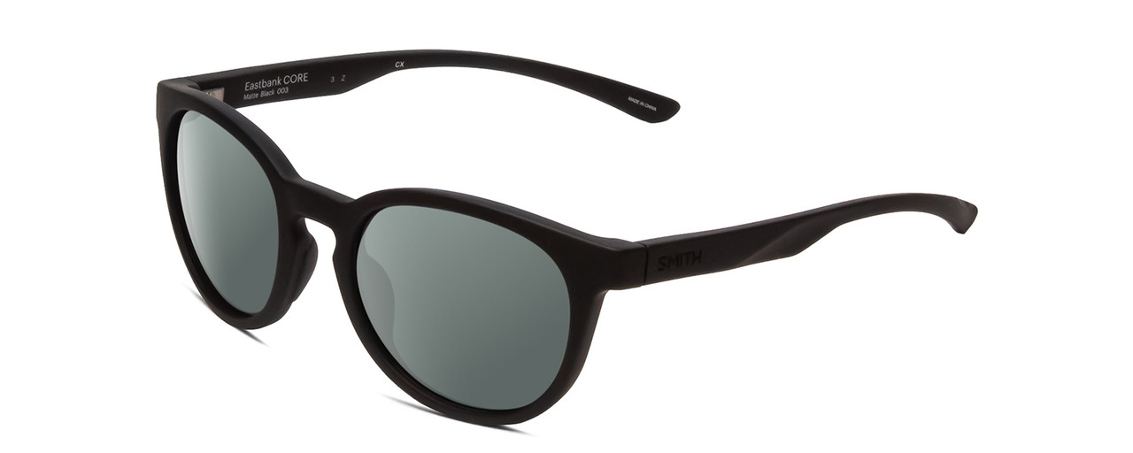 Profile View of Smith Optics Eastbank Core Designer Polarized Sunglasses with Custom Cut Smoke Grey Lenses in Matte Black Unisex Round Full Rim Acetate 52 mm