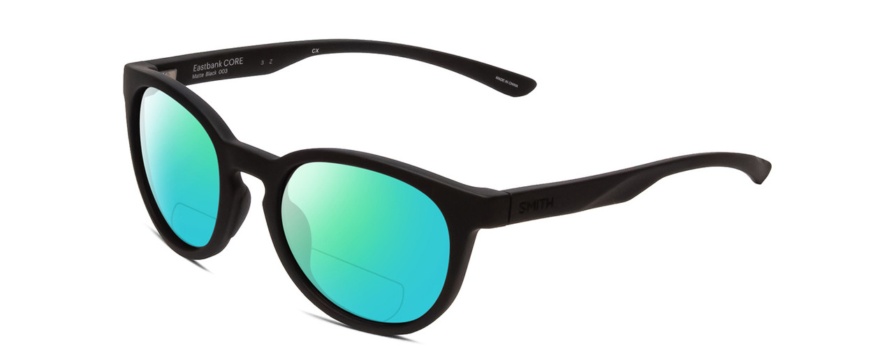 Profile View of Smith Optics Eastbank Core Designer Polarized Reading Sunglasses with Custom Cut Powered Green Mirror Lenses in Matte Black Unisex Round Full Rim Acetate 52 mm