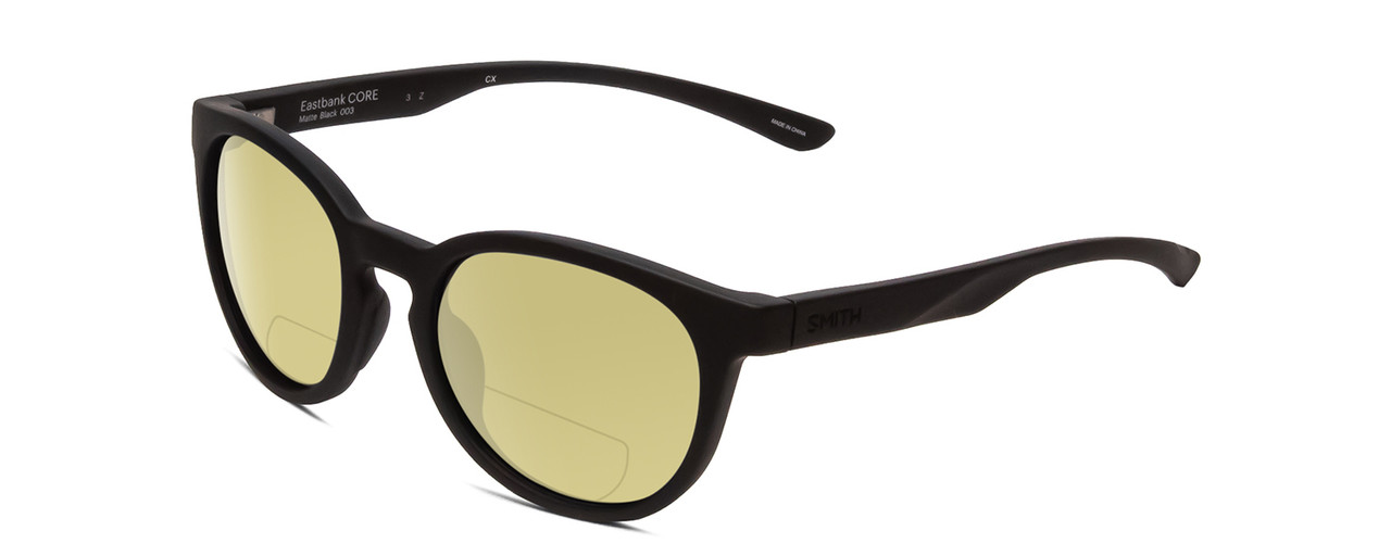 Profile View of Smith Optics Eastbank Core Designer Polarized Reading Sunglasses with Custom Cut Powered Sun Flower Yellow Lenses in Matte Black Unisex Round Full Rim Acetate 52 mm