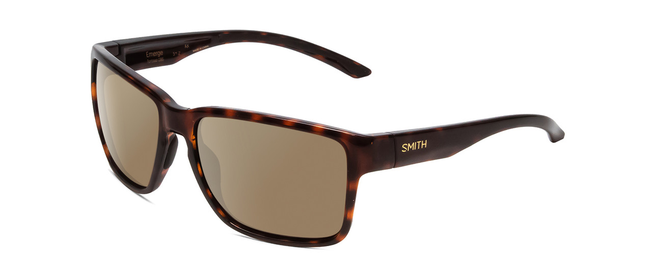 Profile View of Smith Optics Emerge Designer Polarized Sunglasses with Custom Cut Amber Brown Lenses in Tortoise Havana Gold Unisex Square Full Rim Acetate 60 mm