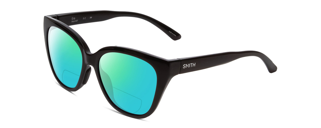 Profile View of Smith Optics Era Designer Polarized Reading Sunglasses with Custom Cut Powered Green Mirror Lenses in Gloss Black Ladies Cateye Full Rim Acetate 55 mm