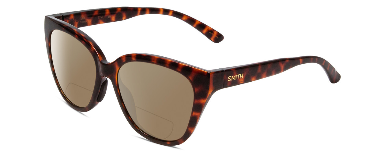 Profile View of Smith Optics Era Designer Polarized Reading Sunglasses with Custom Cut Powered Amber Brown Lenses in Tortoise Havana Brown Gold Ladies Cateye Full Rim Acetate 55 mm