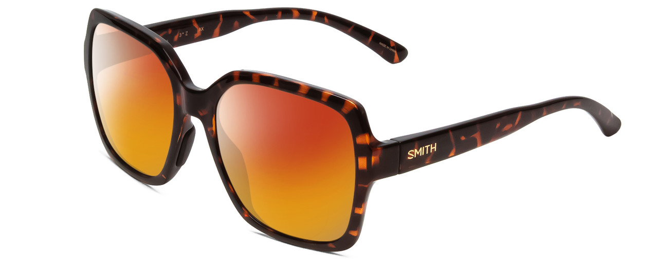 Profile View of Smith Optics Flare Designer Polarized Sunglasses with Custom Cut Red Mirror Lenses in Tortoise Havana Brown Gold Ladies Oversized Full Rim Acetate 57 mm