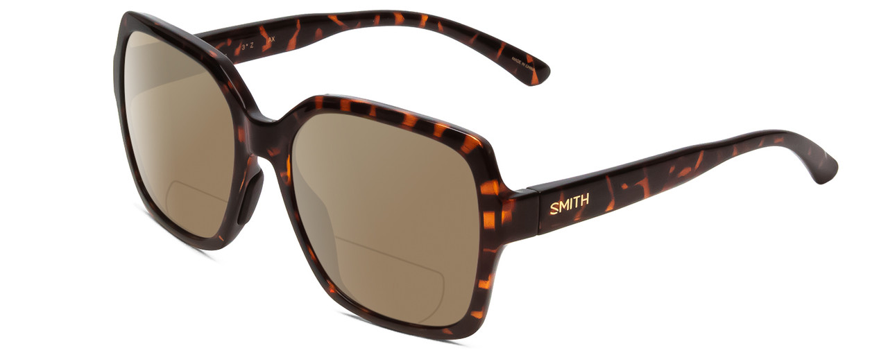 Profile View of Smith Optics Flare Designer Polarized Reading Sunglasses with Custom Cut Powered Amber Brown Lenses in Tortoise Havana Brown Gold Ladies Oversized Full Rim Acetate 57 mm