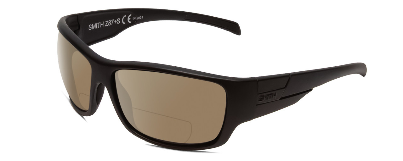 Profile View of Smith Optics Frontman Elite Designer Polarized Reading Sunglasses with Custom Cut Powered Amber Brown Lenses in Gloss Black Unisex Wrap Full Rim Acetate 61 mm
