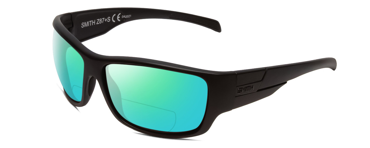 Profile View of Smith Optics Frontman Elite Designer Polarized Reading Sunglasses with Custom Cut Powered Green Mirror Lenses in Gloss Black Unisex Wrap Full Rim Acetate 61 mm