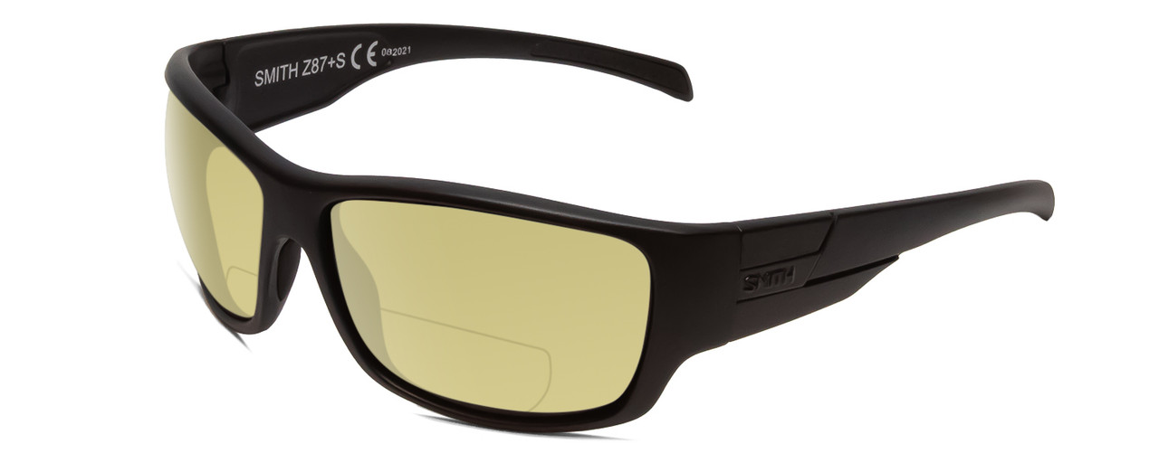 Profile View of Smith Optics Frontman Elite Designer Polarized Reading Sunglasses with Custom Cut Powered Sun Flower Yellow Lenses in Gloss Black Unisex Wrap Full Rim Acetate 61 mm