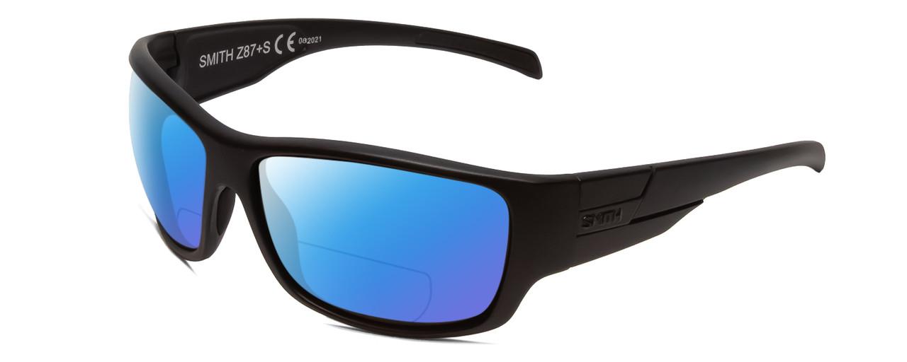 Profile View of Smith Optics Frontman Elite Designer Polarized Reading Sunglasses with Custom Cut Powered Blue Mirror Lenses in Gloss Black Unisex Wrap Full Rim Acetate 61 mm