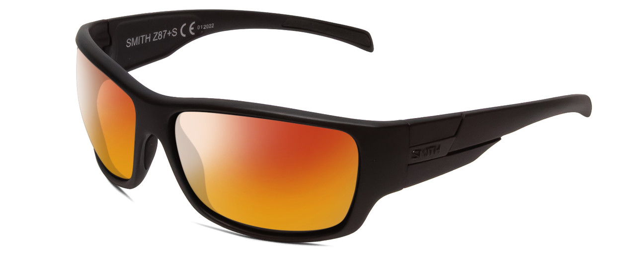 Profile View of Smith Optics Frontman Elite Designer Polarized Sunglasses with Custom Cut Red Mirror Lenses in Gloss Black Unisex Wrap Full Rim Acetate 61 mm
