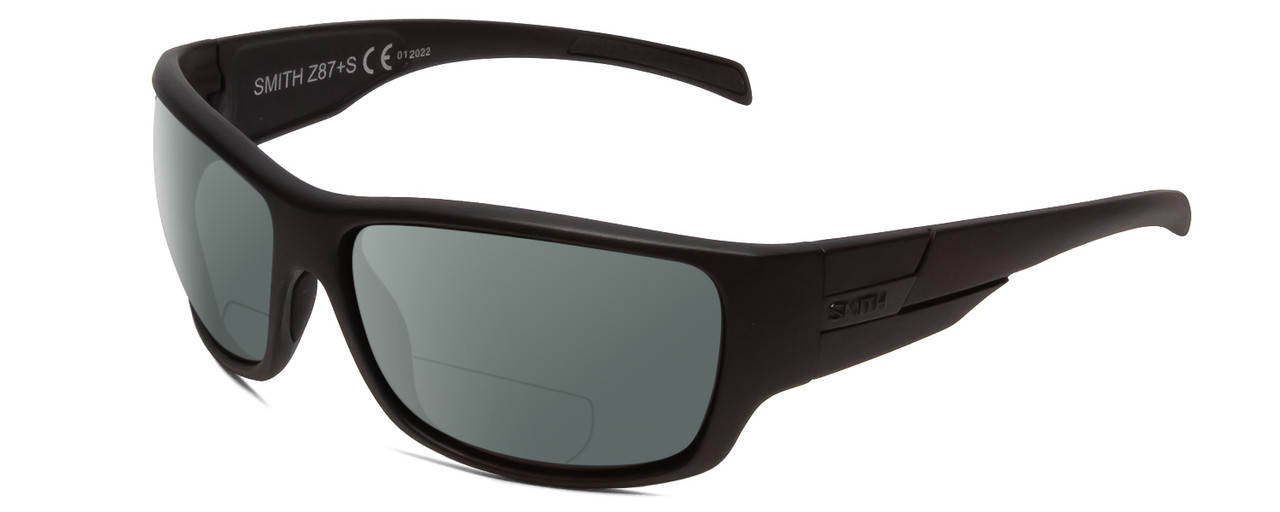 Profile View of Smith Optics Frontman Elite Designer Polarized Reading Sunglasses with Custom Cut Powered Smoke Grey Lenses in Gloss Black Unisex Wrap Full Rim Acetate 61 mm