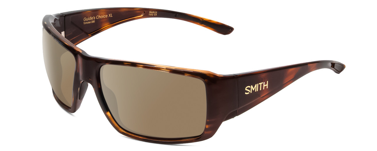 Profile View of Smith Optics Guides Choice XL Designer Polarized Sunglasses with Custom Cut Amber Brown Lenses in Gloss Tortoise Havana Brown Gold Unisex Rectangle Full Rim Acetate 63 mm