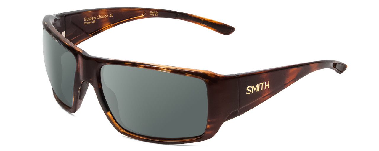 Profile View of Smith Optics Guides Choice XL Designer Polarized Sunglasses with Custom Cut Smoke Grey Lenses in Gloss Tortoise Havana Brown Gold Unisex Rectangle Full Rim Acetate 63 mm