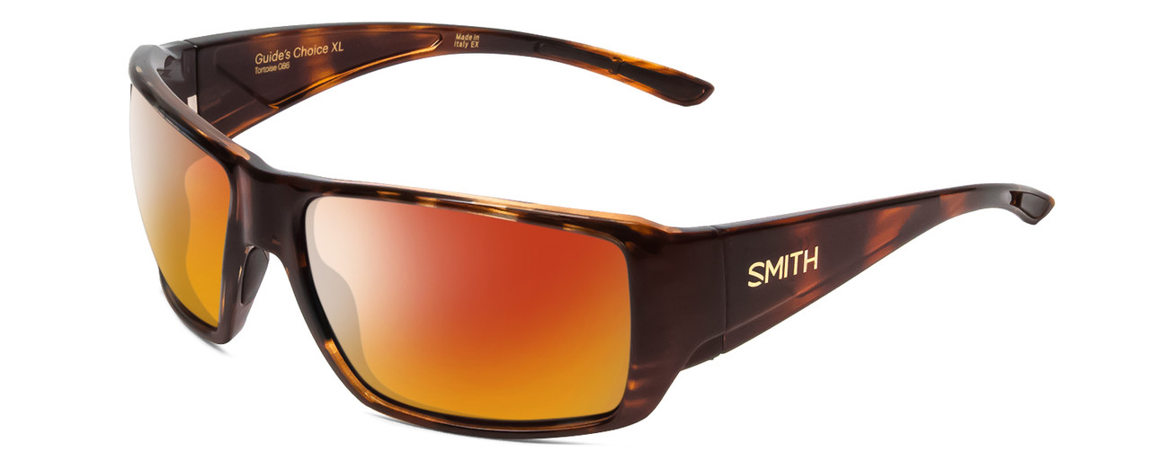 Profile View of Smith Optics Guides Choice XL Designer Polarized Sunglasses with Custom Cut Red Mirror Lenses in Gloss Tortoise Havana Brown Gold Unisex Rectangle Full Rim Acetate 63 mm