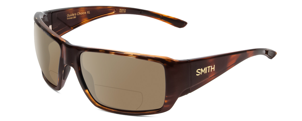Profile View of Smith Optics Guides Choice XL Designer Polarized Reading Sunglasses with Custom Cut Powered Amber Brown Lenses in Gloss Tortoise Havana Brown Gold Unisex Rectangle Full Rim Acetate 63 mm