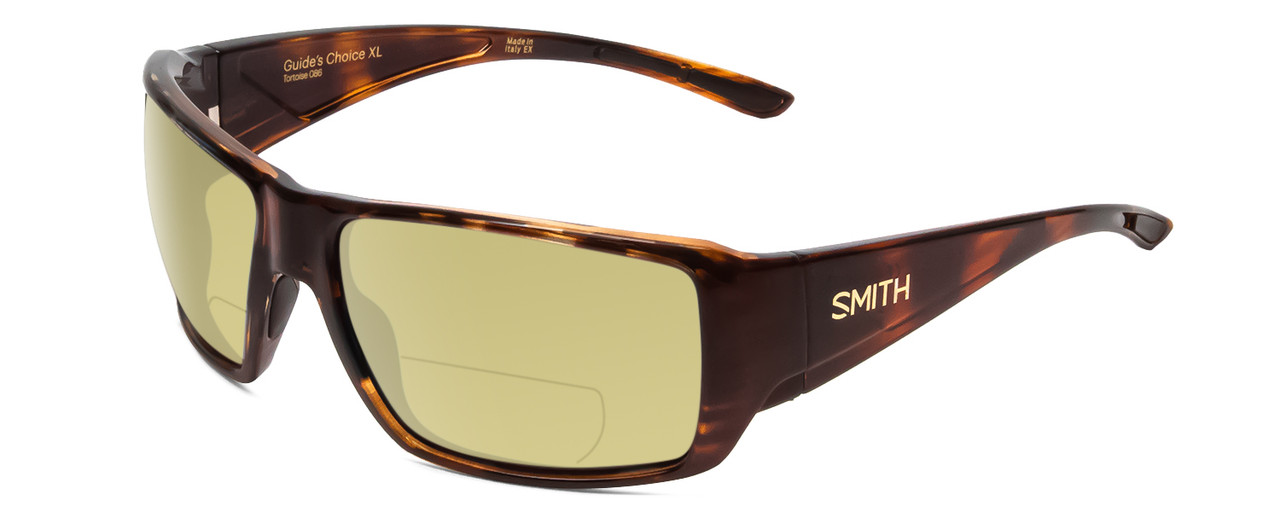 Profile View of Smith Optics Guides Choice XL Designer Polarized Reading Sunglasses with Custom Cut Powered Sun Flower Yellow Lenses in Gloss Tortoise Havana Brown Gold Unisex Rectangle Full Rim Acetate 63 mm