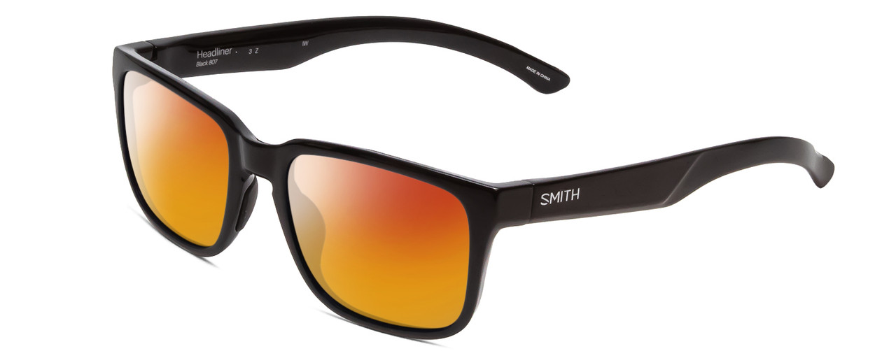 Profile View of Smith Optics Headliner Designer Polarized Sunglasses with Custom Cut Red Mirror Lenses in Gloss Black Unisex Square Full Rim Acetate 55 mm