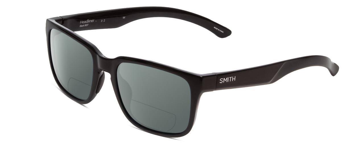 Profile View of Smith Optics Headliner Designer Polarized Reading Sunglasses with Custom Cut Powered Smoke Grey Lenses in Gloss Black Unisex Square Full Rim Acetate 55 mm