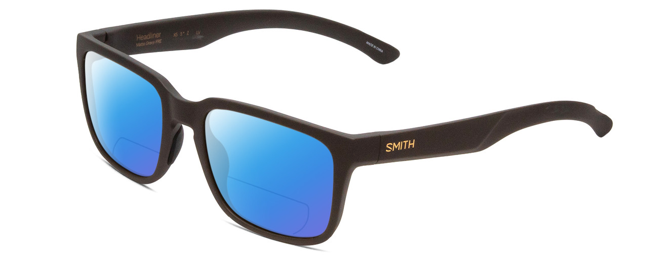 Profile View of Smith Optics Headliner Designer Polarized Reading Sunglasses with Custom Cut Powered Blue Mirror Lenses in Matte Gravy Grey Unisex Square Full Rim Acetate 55 mm