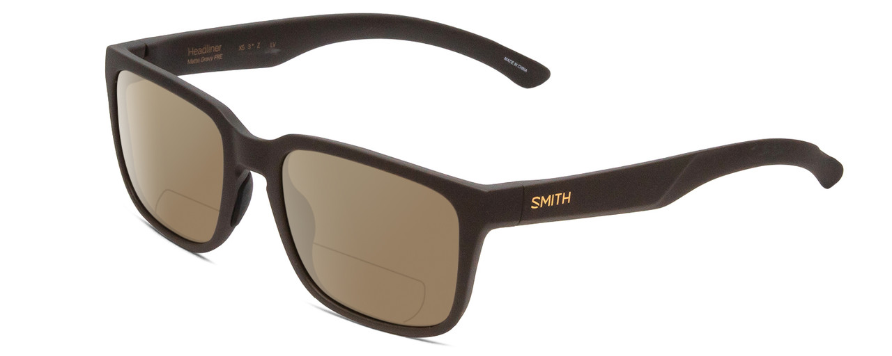 Profile View of Smith Optics Headliner Designer Polarized Reading Sunglasses with Custom Cut Powered Amber Brown Lenses in Matte Gravy Grey Unisex Square Full Rim Acetate 55 mm