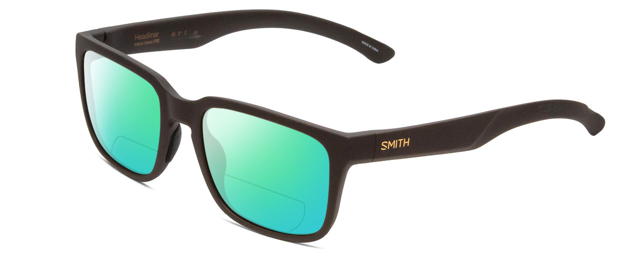 Profile View of Smith Optics Headliner Designer Polarized Reading Sunglasses with Custom Cut Powered Green Mirror Lenses in Matte Gravy Grey Unisex Square Full Rim Acetate 55 mm