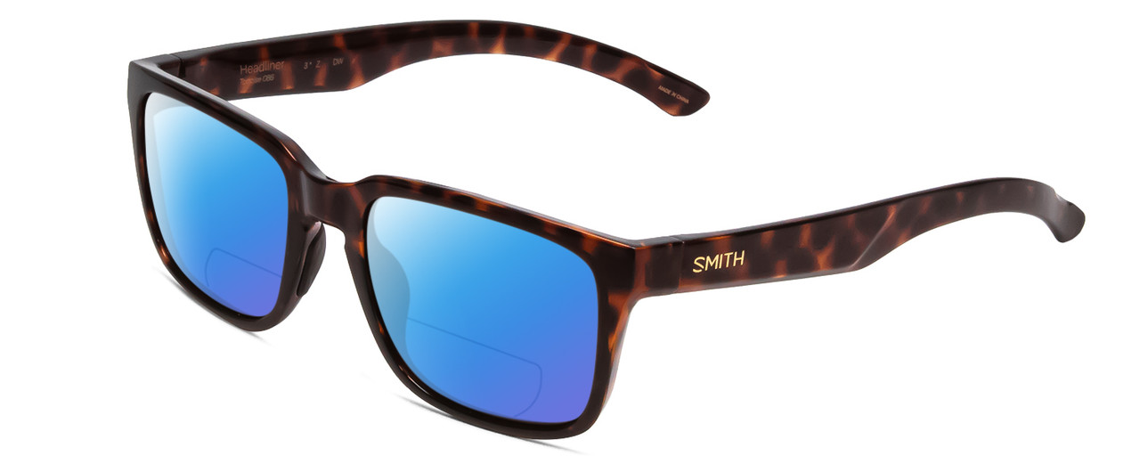 Profile View of Smith Optics Headliner Designer Polarized Reading Sunglasses with Custom Cut Powered Blue Mirror Lenses in Tortoise Havana Gold Unisex Square Full Rim Acetate 55 mm