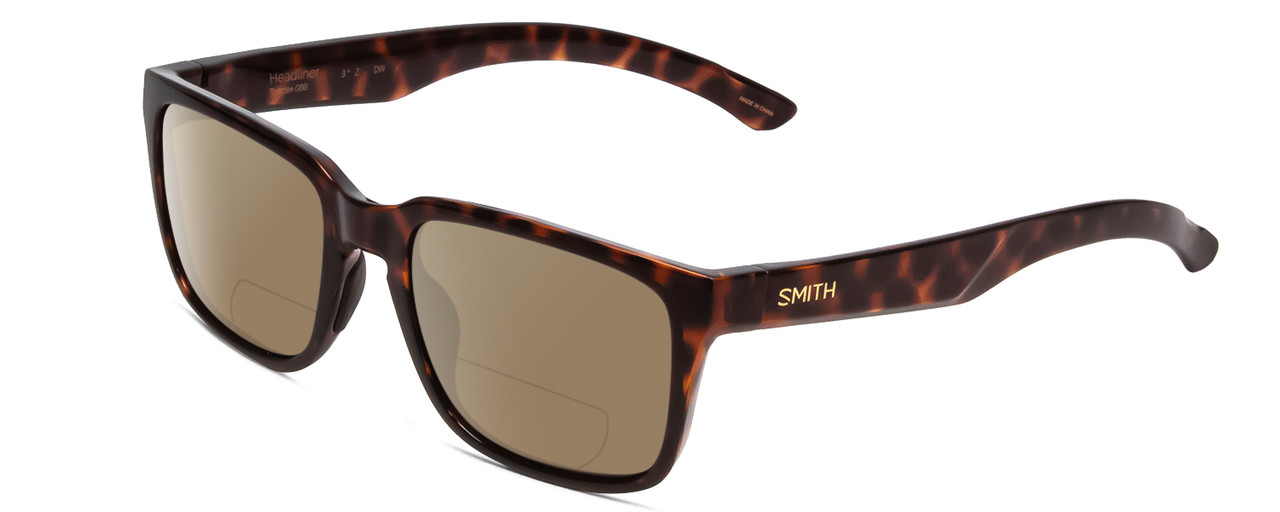 Profile View of Smith Optics Headliner Designer Polarized Reading Sunglasses with Custom Cut Powered Amber Brown Lenses in Tortoise Havana Gold Unisex Square Full Rim Acetate 55 mm