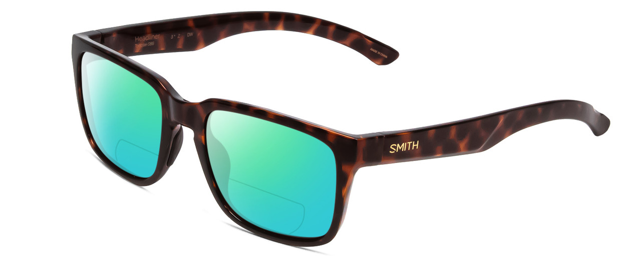 Profile View of Smith Optics Headliner Designer Polarized Reading Sunglasses with Custom Cut Powered Green Mirror Lenses in Tortoise Havana Gold Unisex Square Full Rim Acetate 55 mm