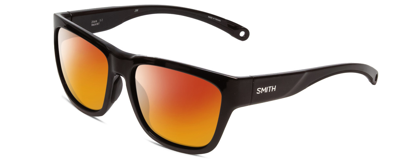 Profile View of Smith Optics Joya Designer Polarized Sunglasses with Custom Cut Red Mirror Lenses in Gloss Black Ladies Square Full Rim Acetate 56 mm