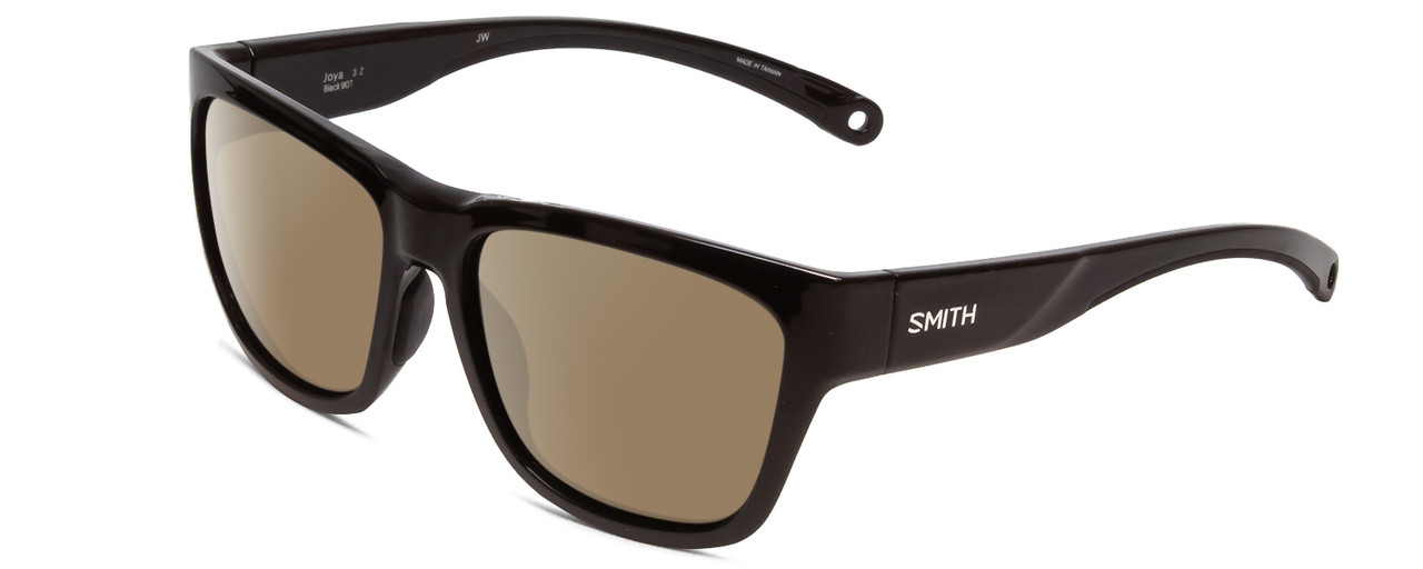 Profile View of Smith Optics Joya Designer Polarized Sunglasses with Custom Cut Amber Brown Lenses in Gloss Black Ladies Square Full Rim Acetate 56 mm