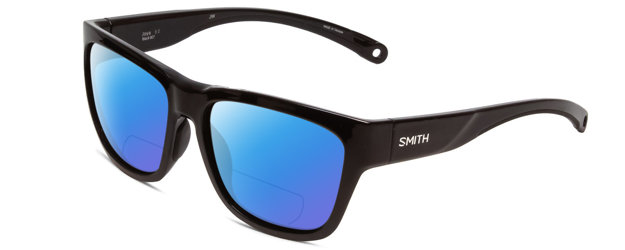 Profile View of Smith Optics Joya Designer Polarized Reading Sunglasses with Custom Cut Powered Blue Mirror Lenses in Gloss Black Ladies Square Full Rim Acetate 56 mm