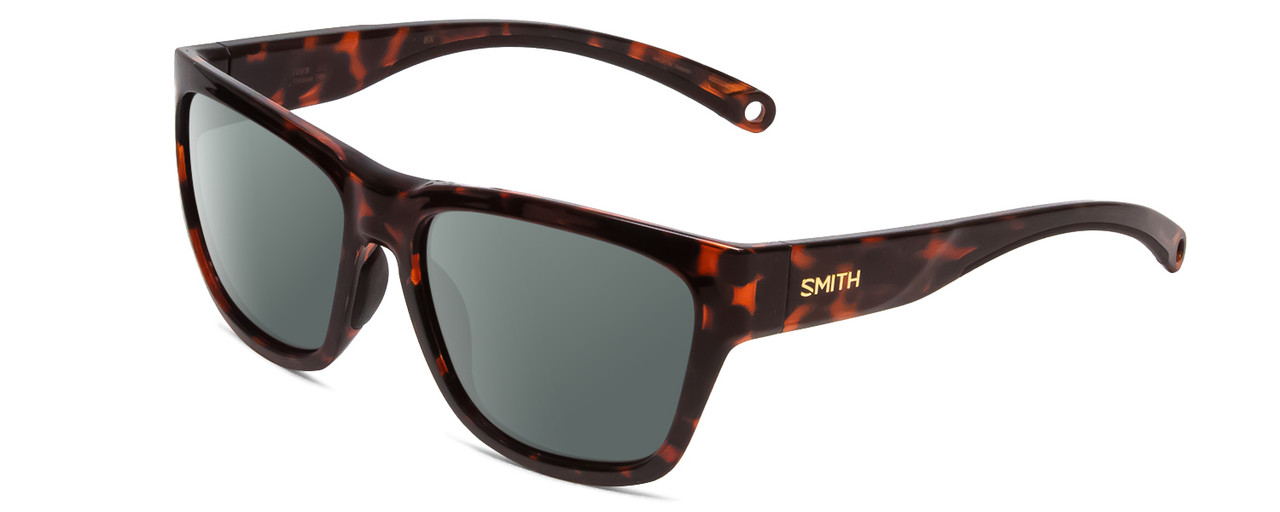 Profile View of Smith Optics Joya Designer Polarized Sunglasses with Custom Cut Smoke Grey Lenses in Tortoise Havana Brown Gold Ladies Square Full Rim Acetate 56 mm