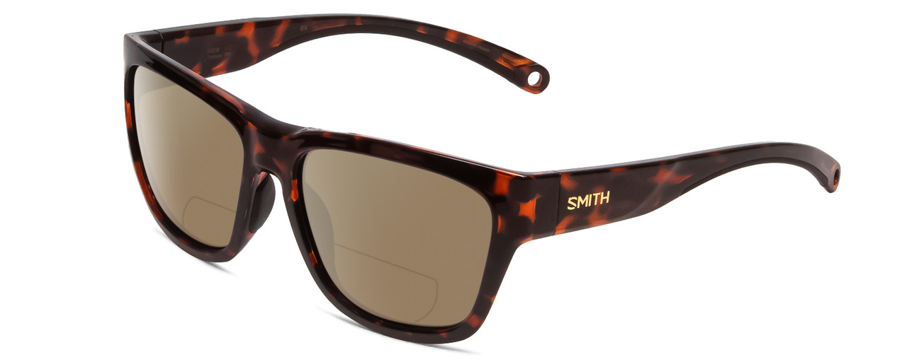 Profile View of Smith Optics Joya Designer Polarized Reading Sunglasses with Custom Cut Powered Amber Brown Lenses in Tortoise Havana Brown Gold Ladies Square Full Rim Acetate 56 mm