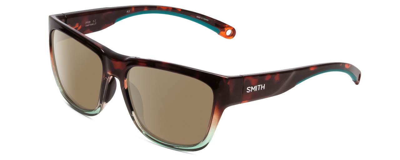 Profile View of Smith Optics Joya Designer Polarized Sunglasses with Custom Cut Amber Brown Lenses in Tortoise Havana Brown Gold Crystal Opal Fade Ladies Square Full Rim Acetate 56 mm