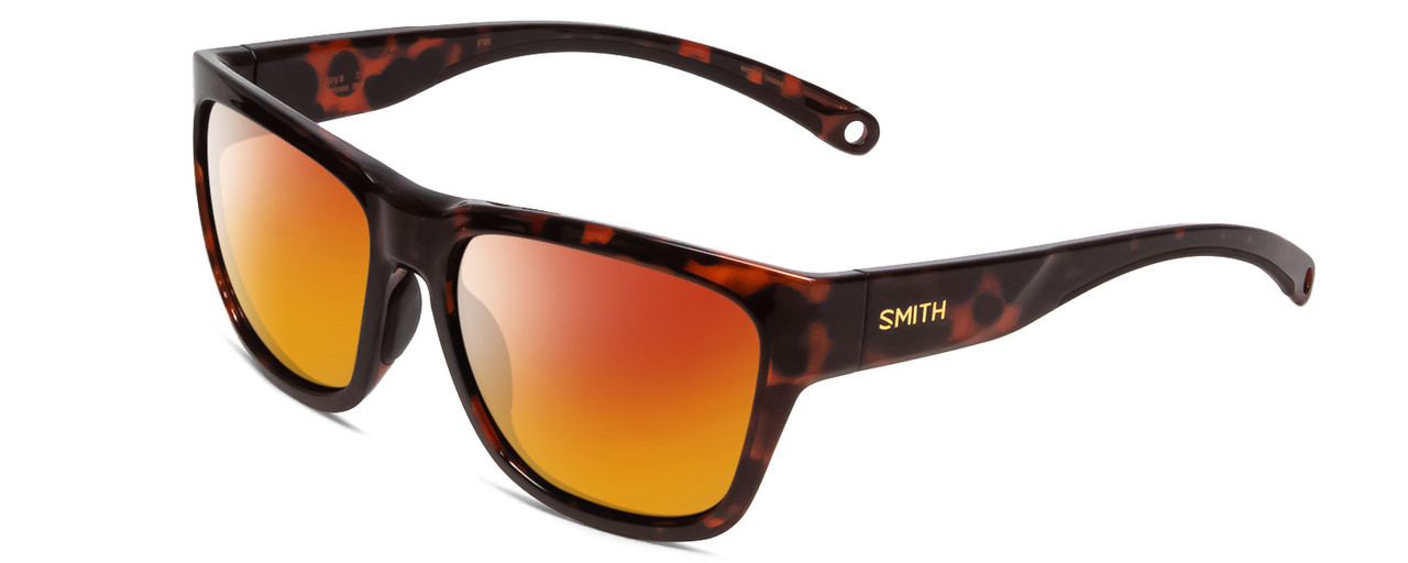 Profile View of Smith Optics Joya Designer Polarized Sunglasses with Custom Cut Red Mirror Lenses in Tortoise Havana Gold Ladies Square Full Rim Acetate 56 mm