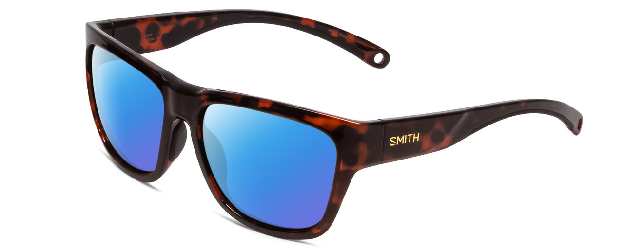 Profile View of Smith Optics Joya Designer Polarized Sunglasses with Custom Cut Blue Mirror Lenses in Tortoise Havana Gold Ladies Square Full Rim Acetate 56 mm