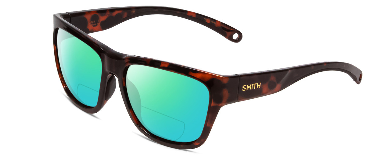 Profile View of Smith Optics Joya Designer Polarized Reading Sunglasses with Custom Cut Powered Green Mirror Lenses in Tortoise Havana Gold Ladies Square Full Rim Acetate 56 mm