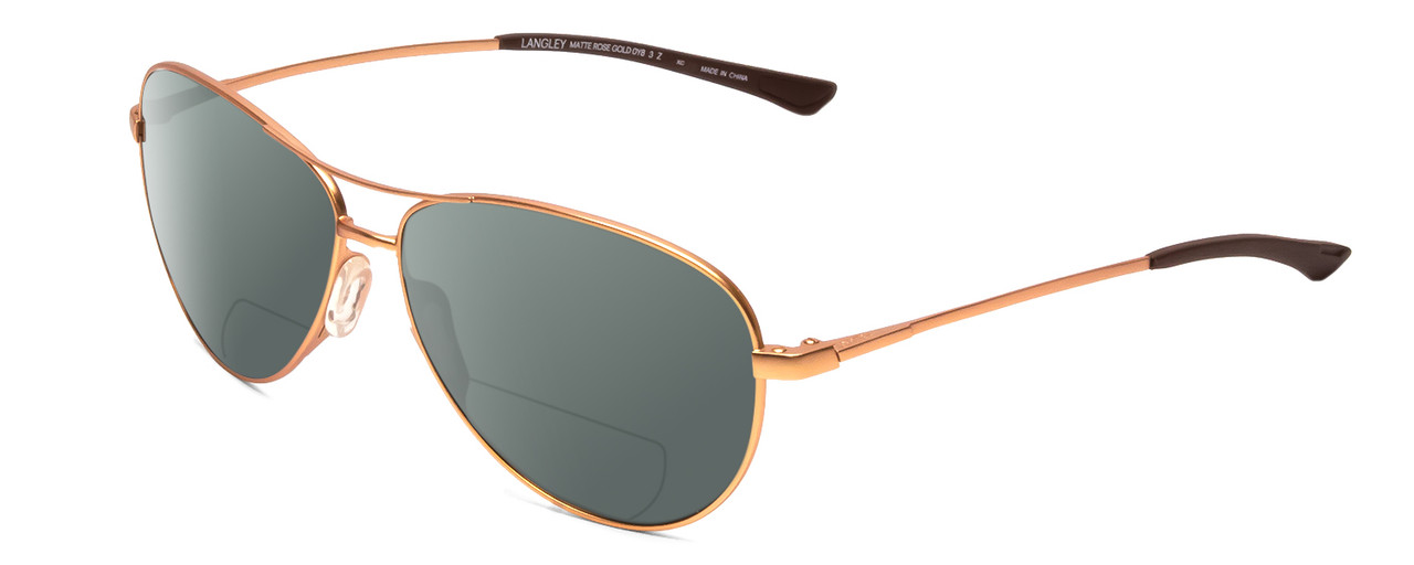 Profile View of Smith Optics Langley Designer Polarized Reading Sunglasses with Custom Cut Powered Smoke Grey Lenses in Matte Rose Gold Black Unisex Pilot Full Rim Metal 60 mm