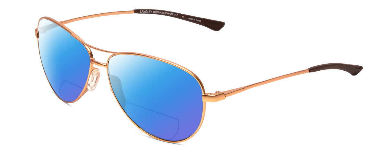 Profile View of Smith Optics Langley Designer Polarized Reading Sunglasses with Custom Cut Powered Blue Mirror Lenses in Matte Rose Gold Black Unisex Pilot Full Rim Metal 60 mm